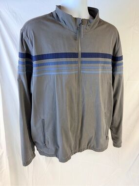 Marine Layer Gray Windbreaker with Navy and Light Blue Stripes